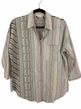Mystree Boho Embroidered Striped Button Front Shirt Small Cotton Oversized Top